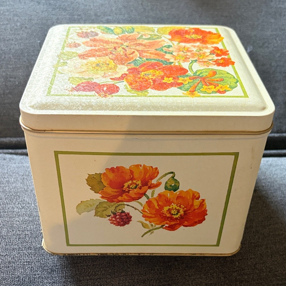 Floral Vintage Metal Storage Tin with Orange Poppy Design